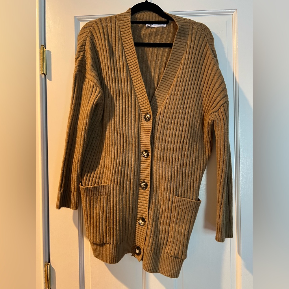 Zara Tan Ribbed Cardigan Sweater